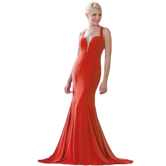 JVN Jovani RED ORANGE Illusion Mermaid Gown #25092 - Picture 6 of 6